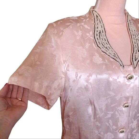 VTG 80s Pink Floral Satin Beaded Pearl Applique Button Up Cottagecore Blouse XL - Picture 16 of 17